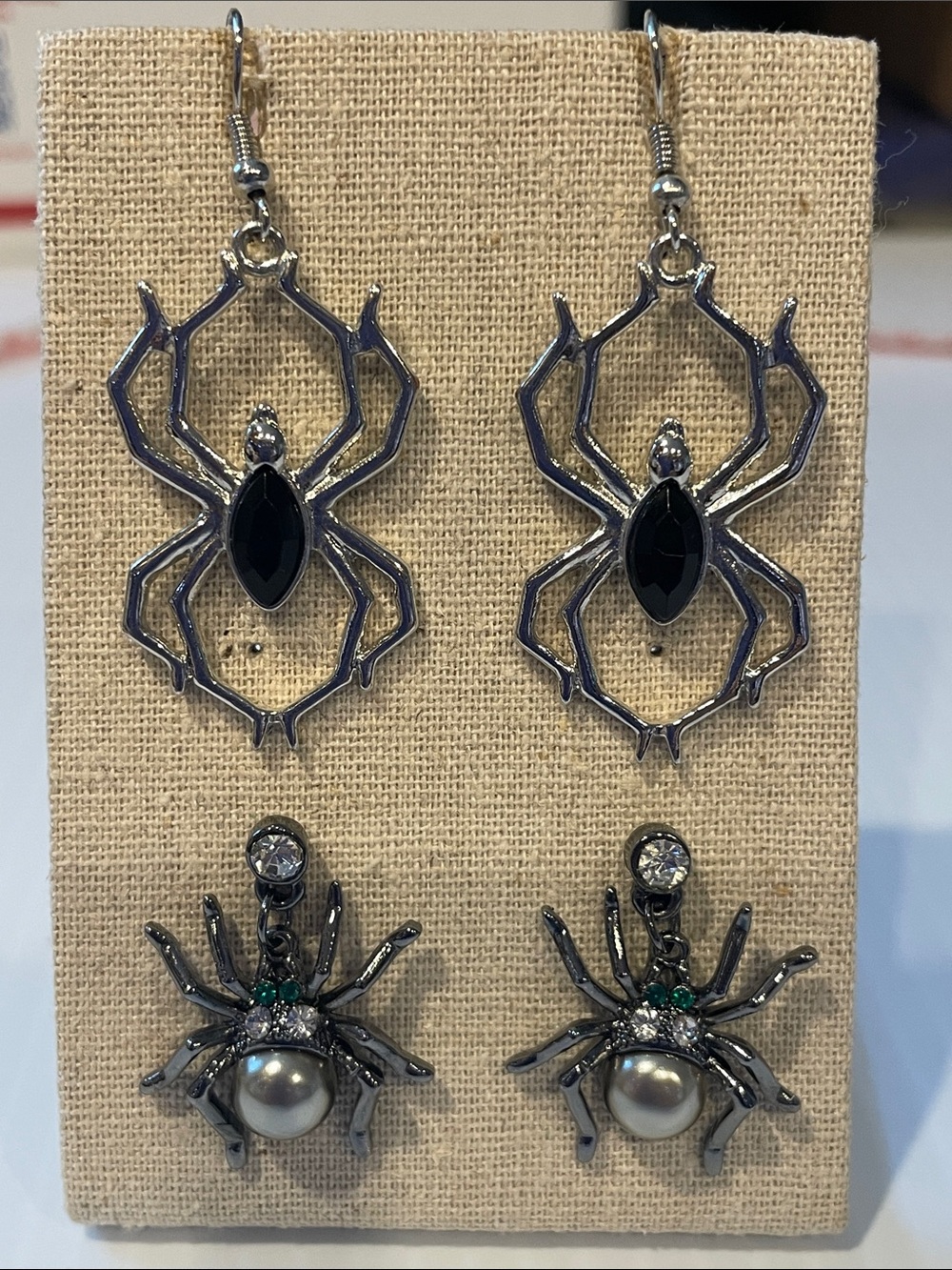 Lot of 2 Silver Spider Dangle Earrings with Black and Pearl Accents
